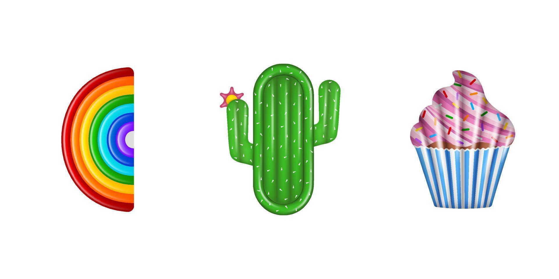 conjunto de colchones flotantes aislados. hinchables para piscina en forma de arcoiris, cactus y cupcake vector