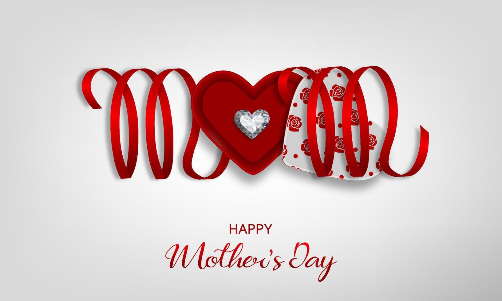 Mother's day background with gift box, red ribbon and diamond. Mother day poster with heart-shaped box and ribbon composing the word mom vector