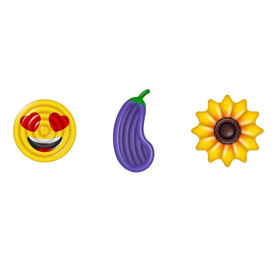 conjunto de colchones flotantes aislados. hinchables para piscina con forma de emoticono, berenjena y girasol vector