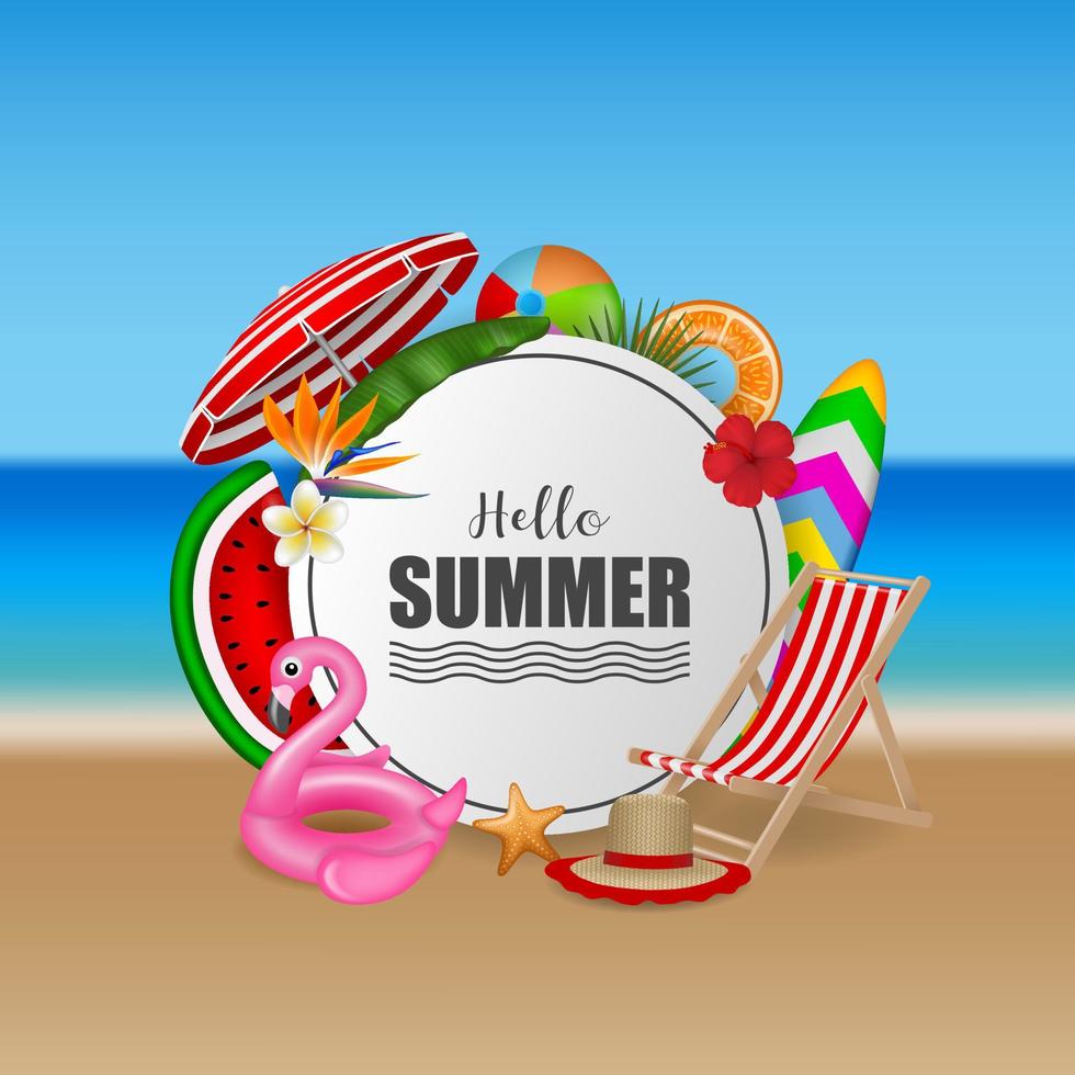 Hello summer poster with summer elements on beach background vector