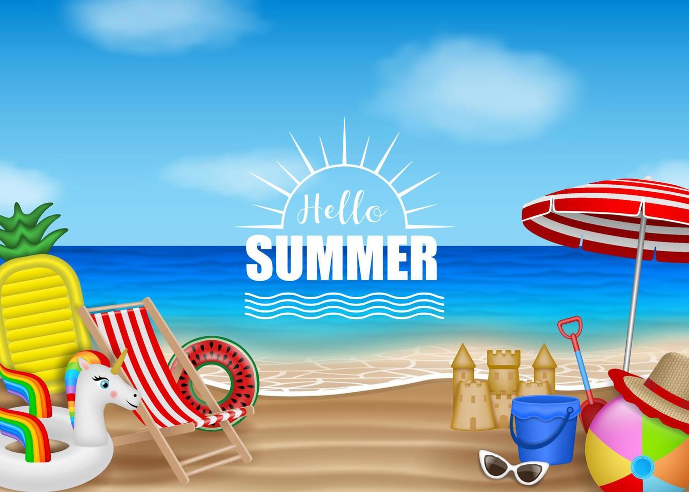 Hello summer poster with beach elements on sea background vector