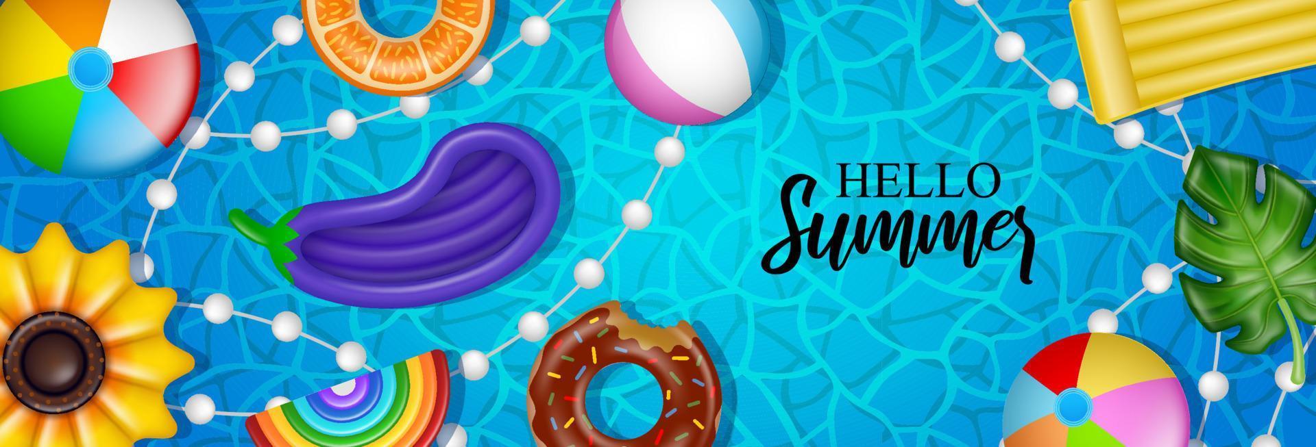 Hello summer banner with inflatable balls, mattress and swimming rings on pool water background vector