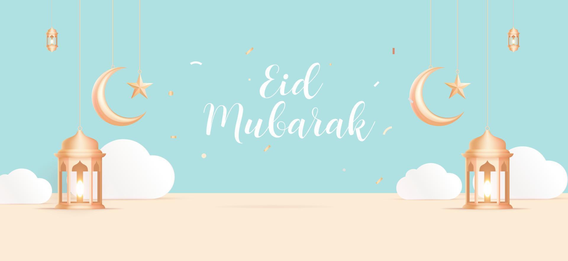 Eid Mubarak Islamic greeting card in Arabic calligraphy vector. Eid al Fitr and Eid al Adha calligraphy vector. Happy eid vector illustration. Eid Adha, Eid Fitr calligraphy in Islamic art.