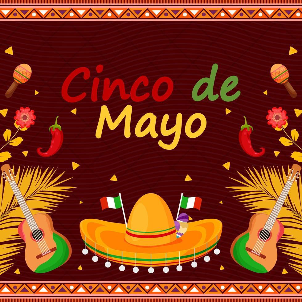 Flat Cinco De Mayo holiday celebration festival with particle element guitar background vector