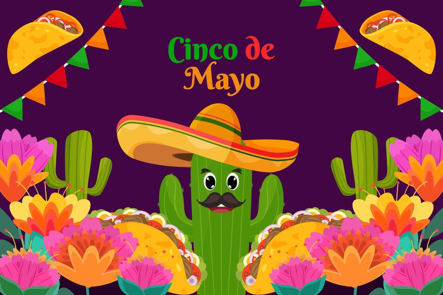 celebración plana del cinco de mayo con fondo de cactus de elemento de partículas vector