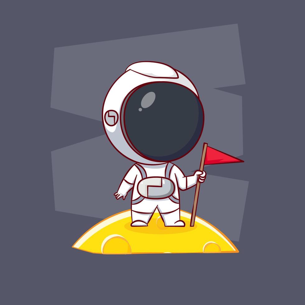 linda caricatura de astronauta sosteniendo la bandera en la luna. fondo aislado de personaje chibi dibujado a mano vector