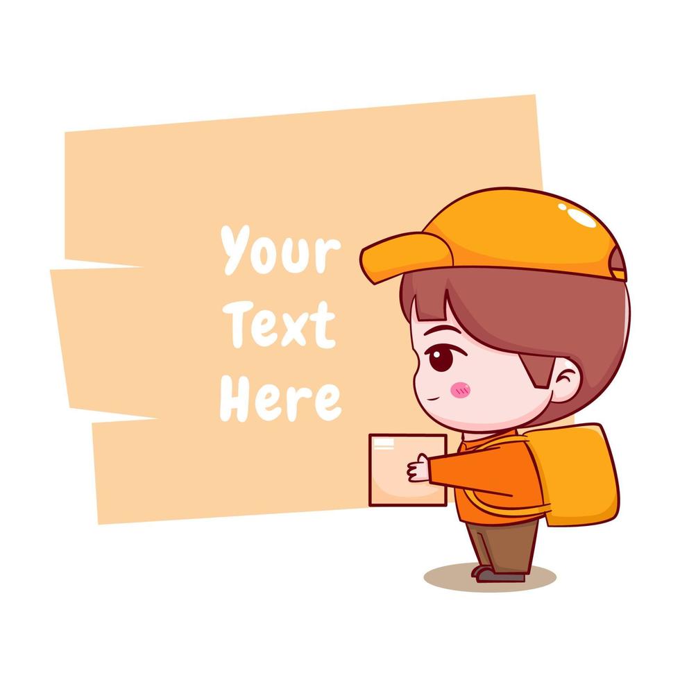 Cute cartoon of delivery man with bubble text. Hand drawn chibi character isolated background. vector