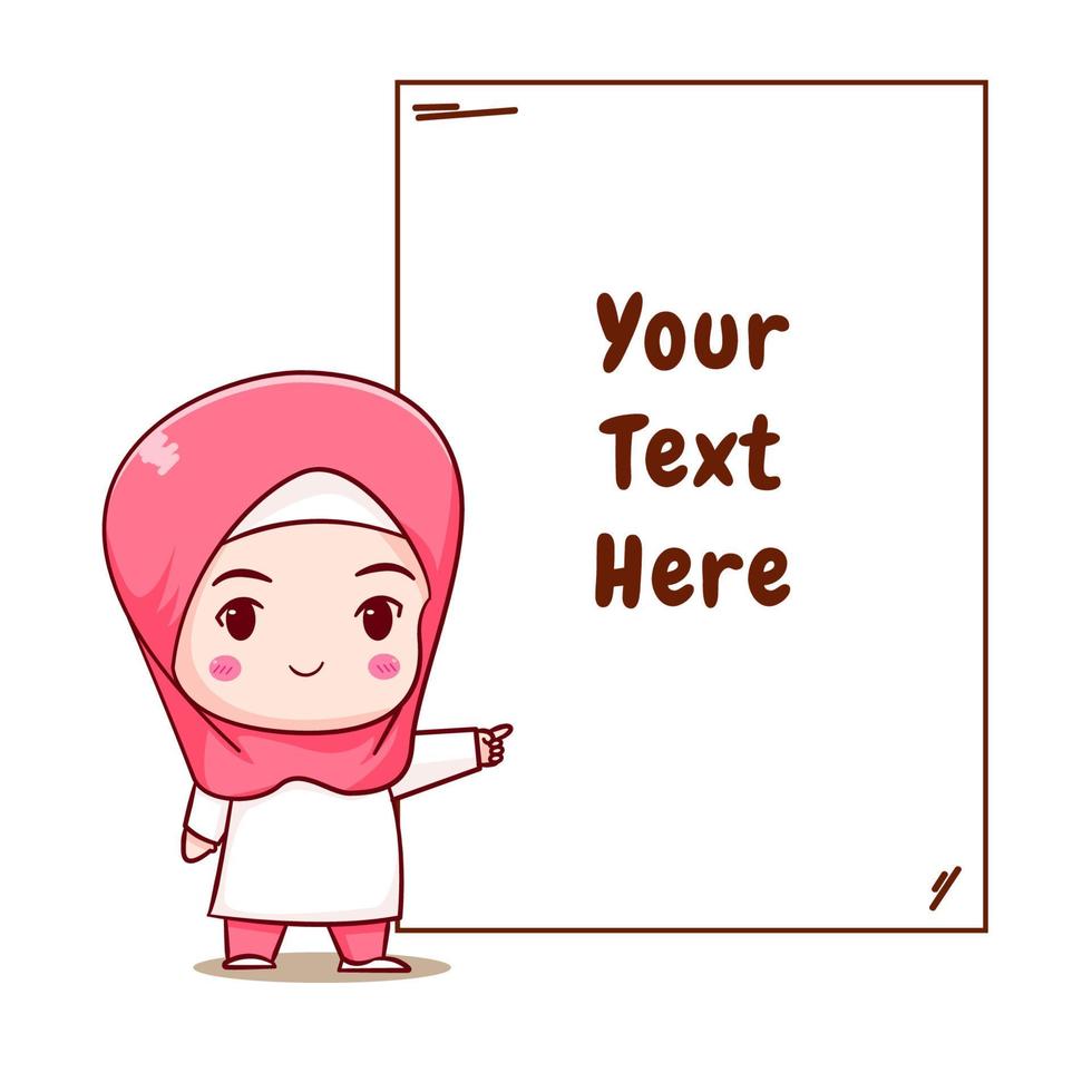 Cute moslem girl with bubble chat chibi cartoon character hand drawn illustration vector