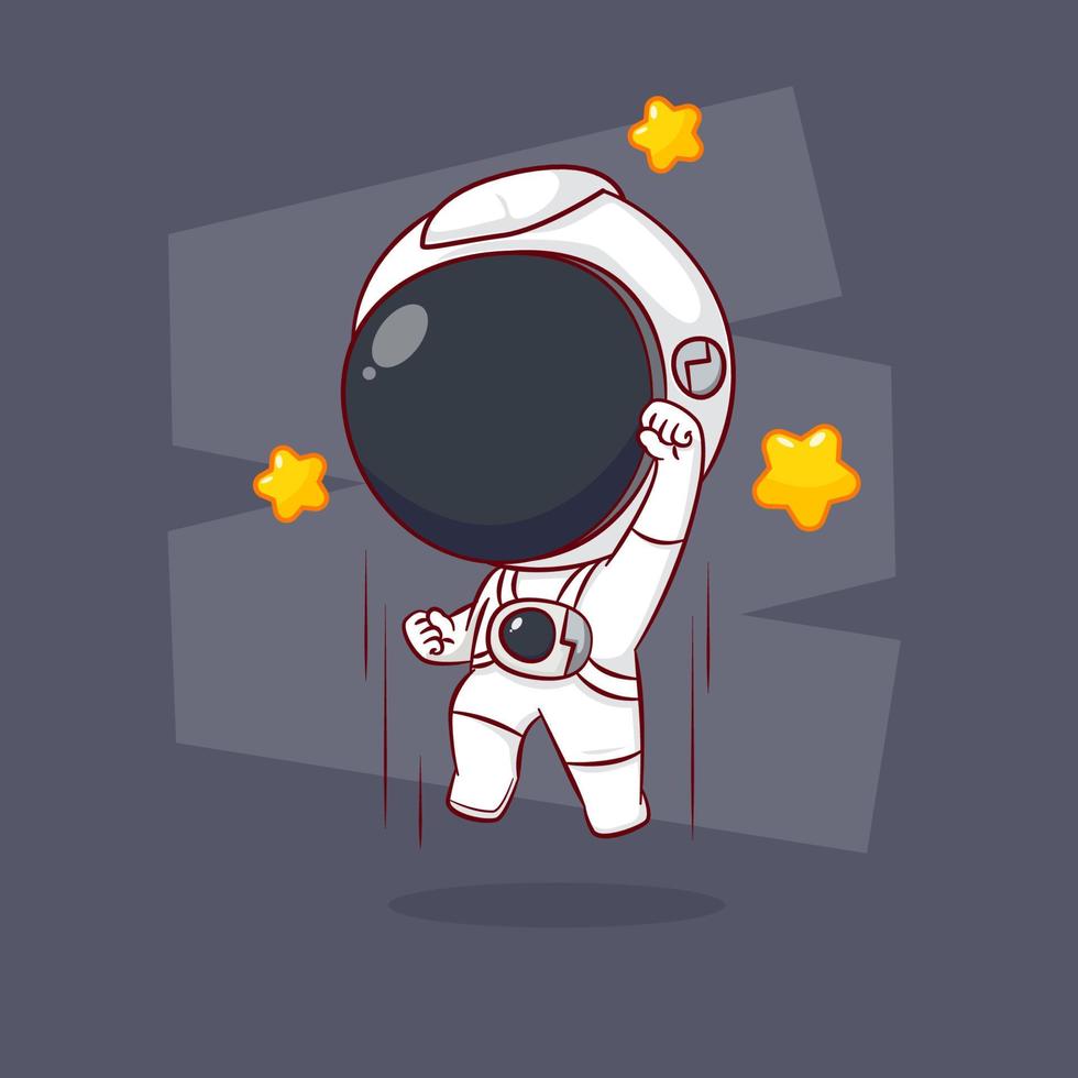 linda caricatura de astronauta saltando con estrellas alrededor. fondo aislado de personaje chibi dibujado a mano vector