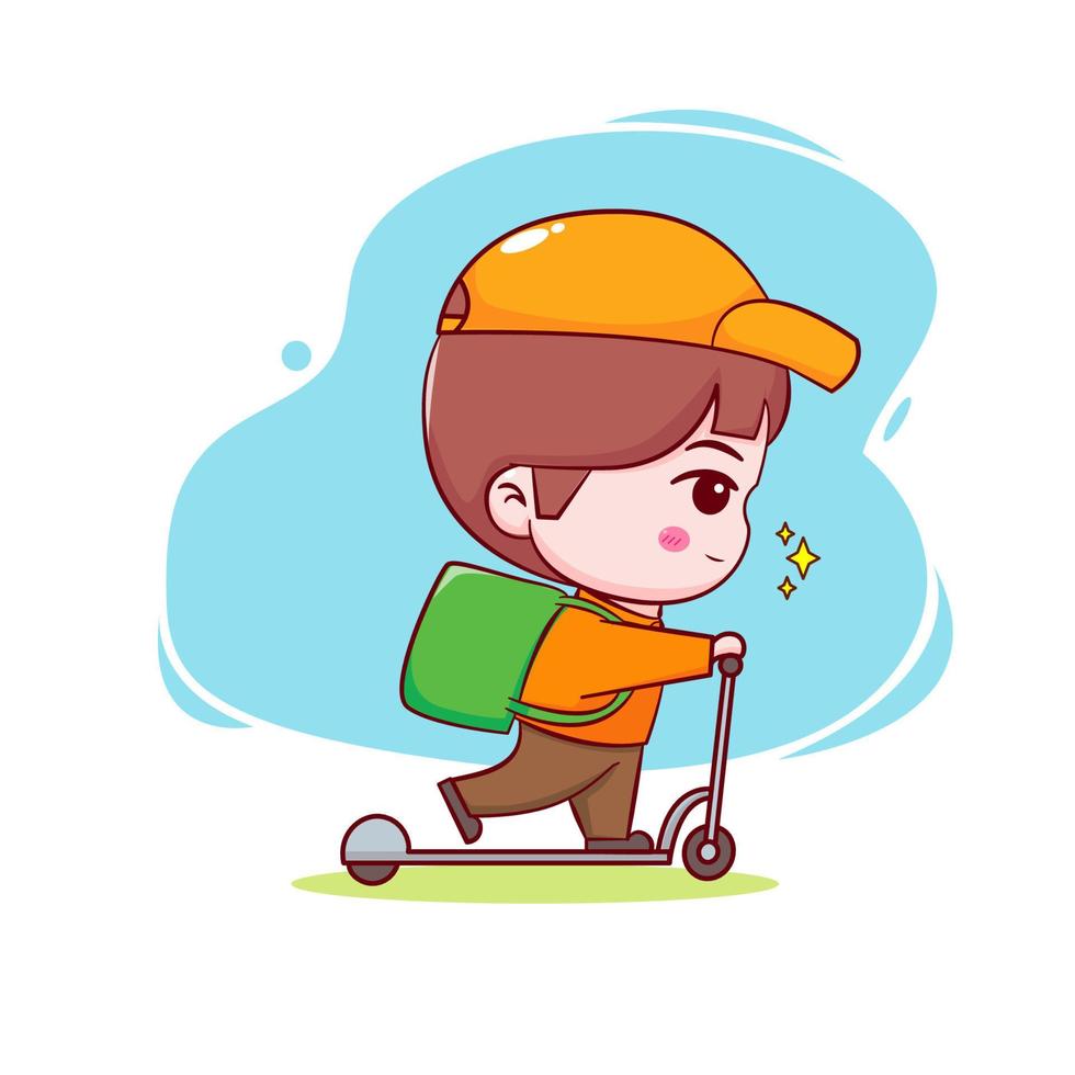 caricatura linda del repartidor montando scooter. fondo aislado de personaje chibi dibujado a mano. vector