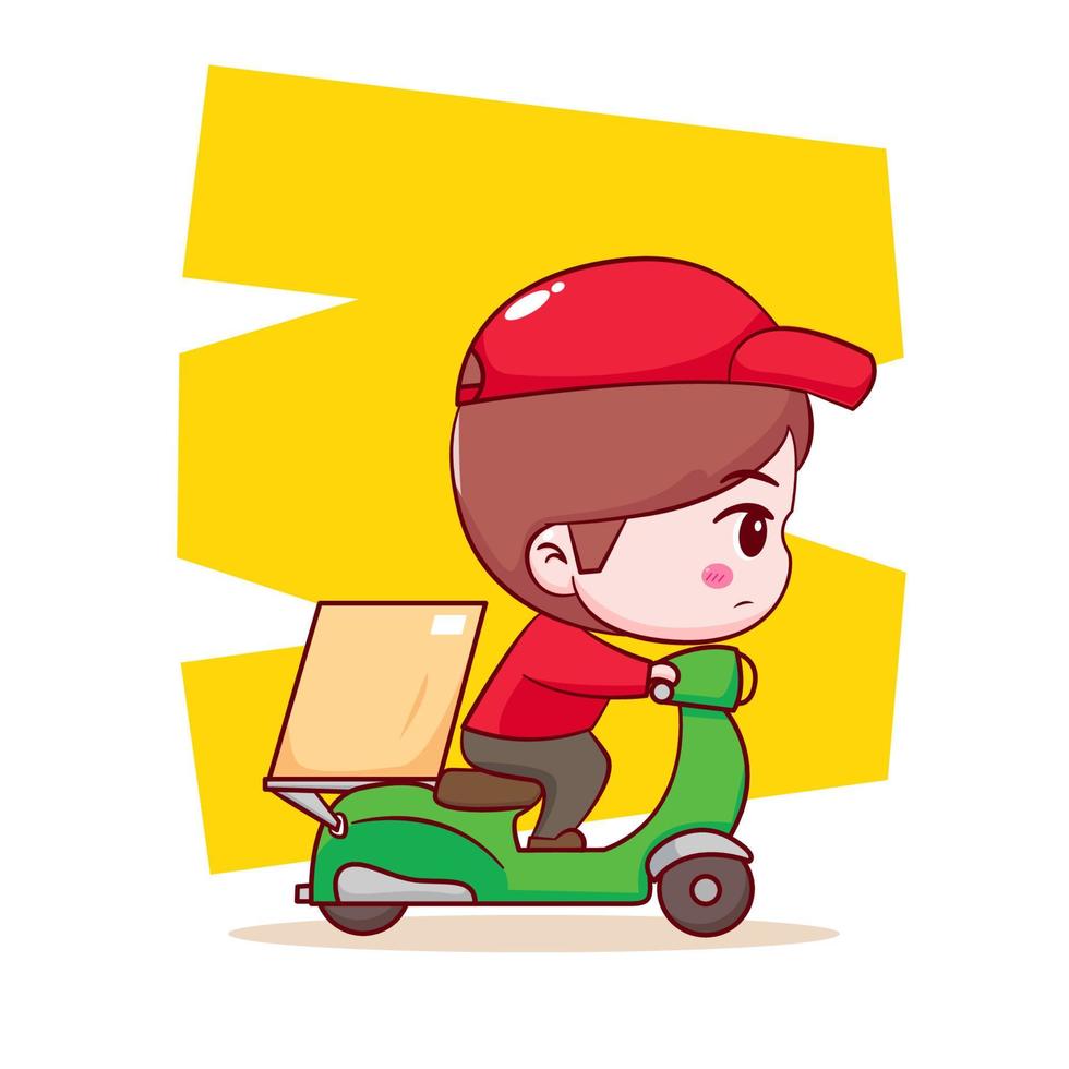 Cute cartoon of delivery man riding motorcycle. Hand drawn chibi character isolated background. vector