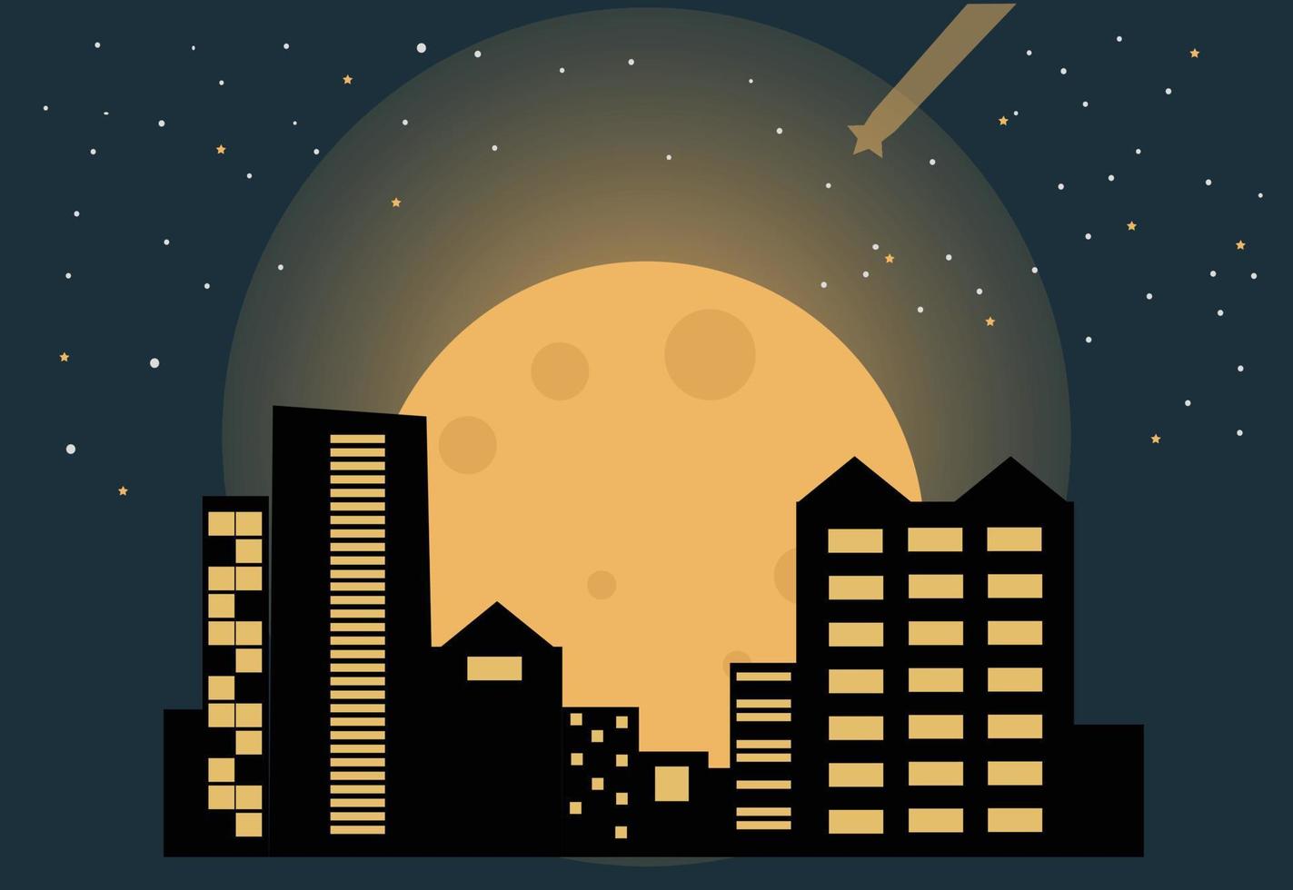 paisaje urbano luna y estrellas fugaces fondo vector ilustración