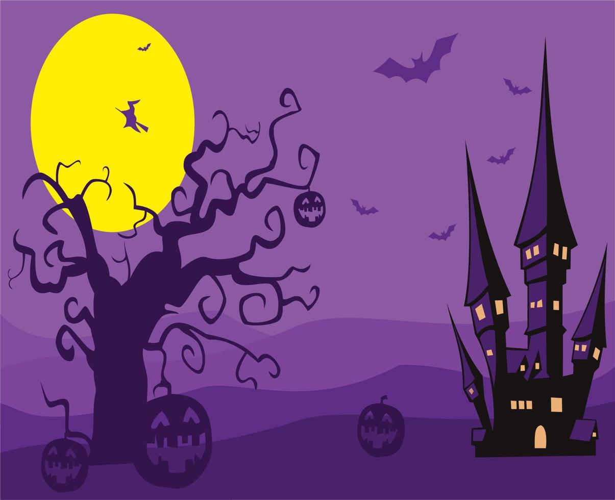 halloween background with old tree and old castle vector