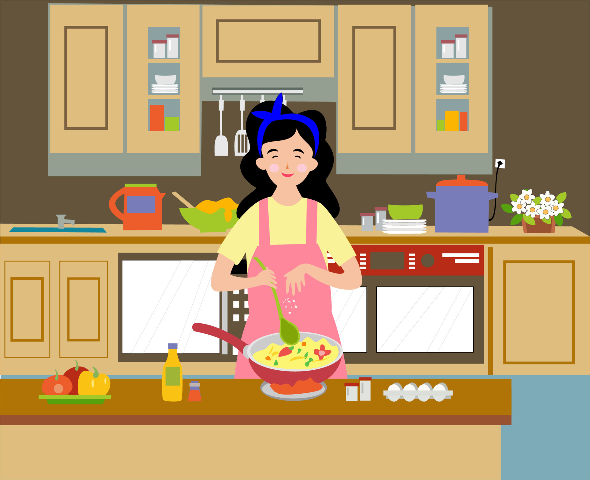 Flat Design Illustration Of Mother Cooking In Home Kitchen 7414843 Vector Art At Vecteezy 