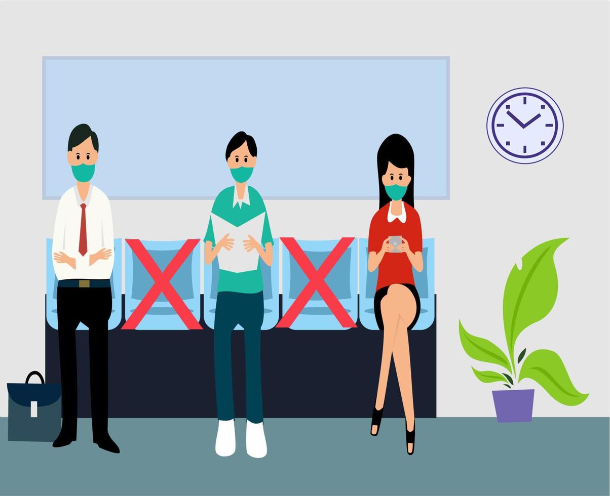 people sitting keeping their distance and wearing masks vector