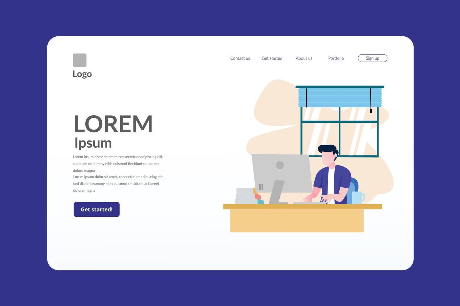 simple landing page with vector man sitting at desk and computer