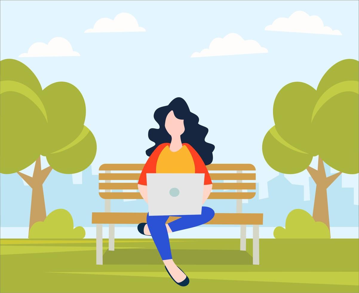 sentado relajado en el parque mientras usa una computadora portátil vector