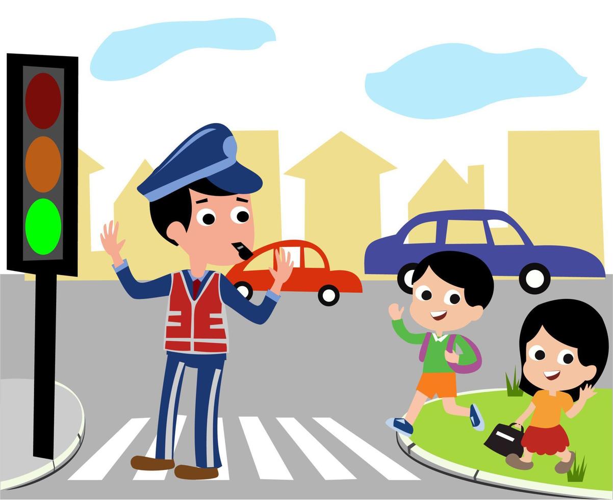 vector illustration of a schoolchildren crossing the road with the