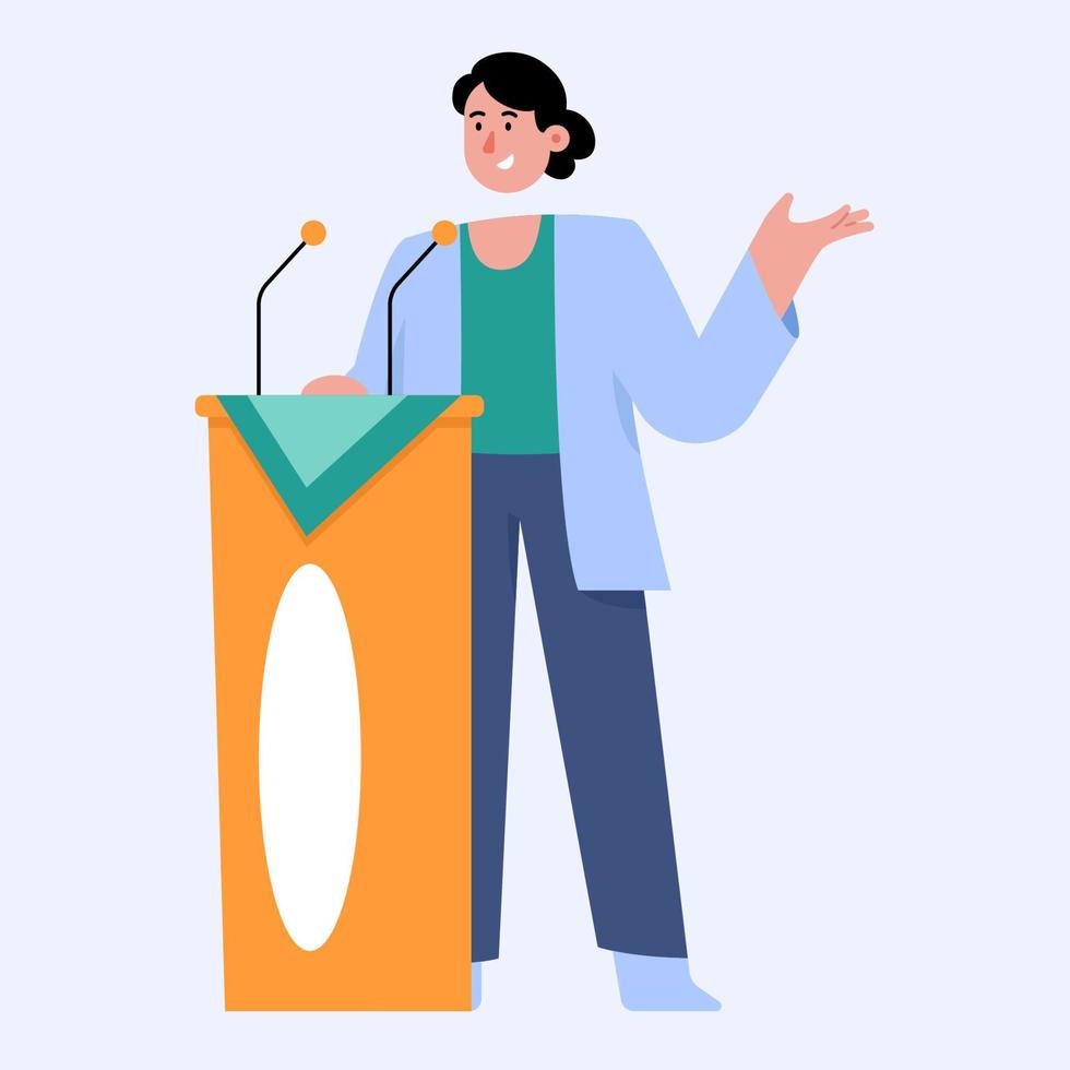 Woman speaker standing behind podium microphones vector