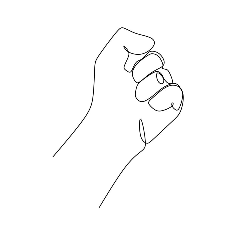 Clenched hand or fist gesture continuous line draw design. Sign and symbol of hand gestures. Single continuous drawing line. Hand drawn style art doodle isolated on white background illustration vector