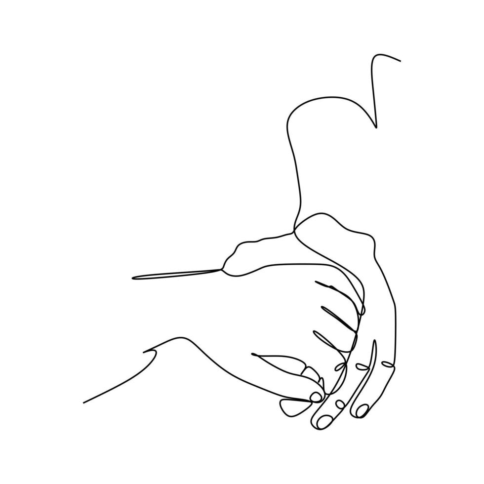 Hands holding each other gesture continuous line drawing design. Sign or symbol of hand gestures. One line draw of hand drawn style art doodle isolated on white background for family concept vector