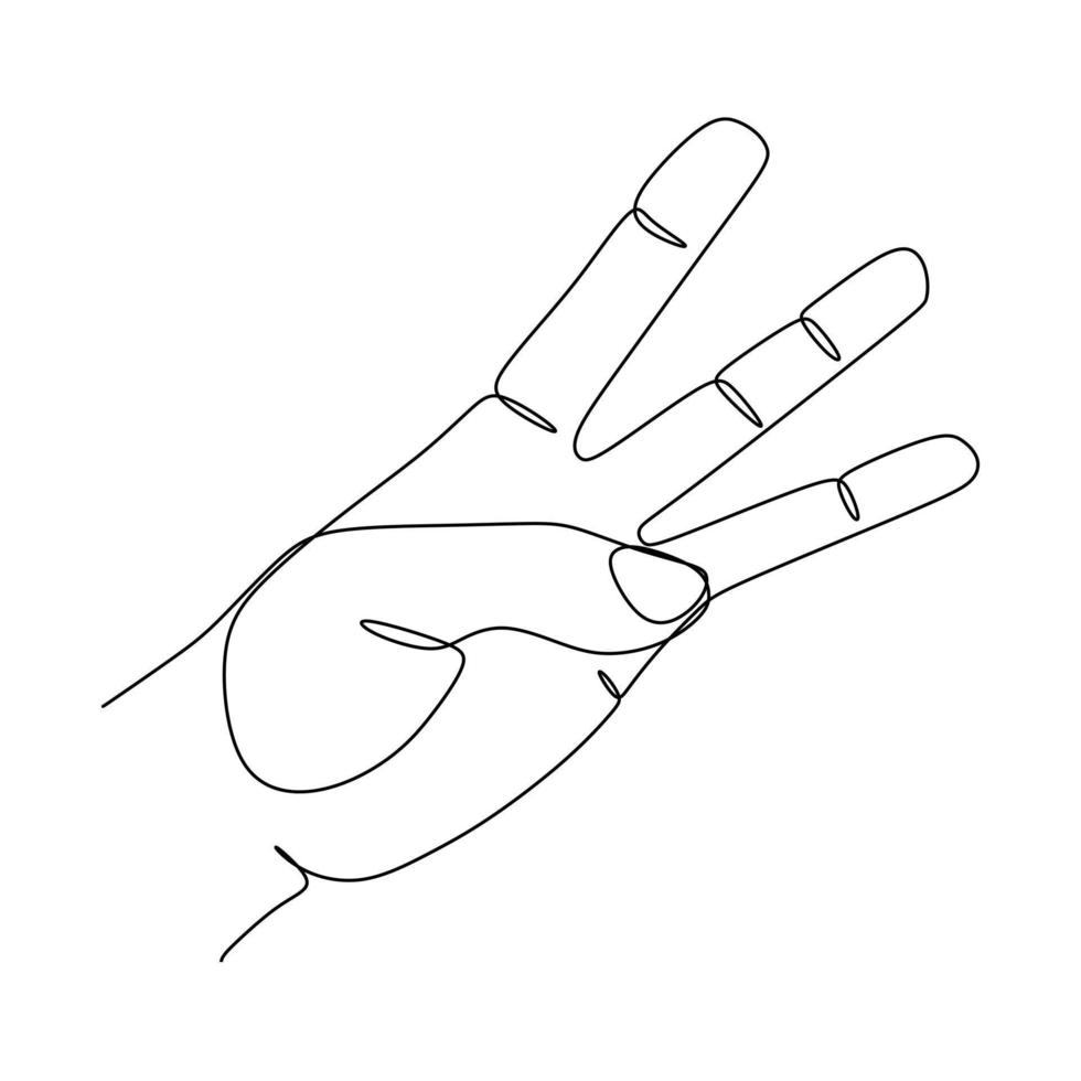 dibujo de línea continua de la letra w gesto de la mano del lenguaje sordo-mudo. Letras del alfabeto del gesto de la mano sordomudo americano, símbolos vectoriales del asl vector