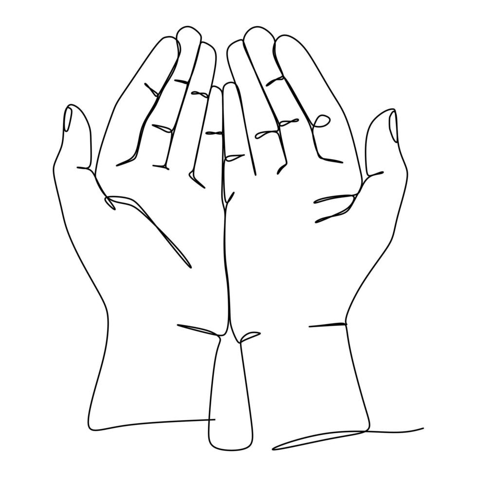 Continuous line draw design vector illustration. Praying hand sign and symbol of hand gestures. Single continuous drawing line. Hand drawn style art doodle isolated on white background illustration.