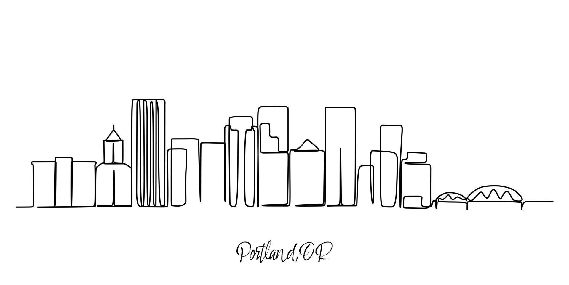 Single one line drawing Portland city skyline, Oregon. Beautiful landmark. Beautiful world landscape tourism travel wall decor poster, postcard. Continuous line draw design graphic vector illustration