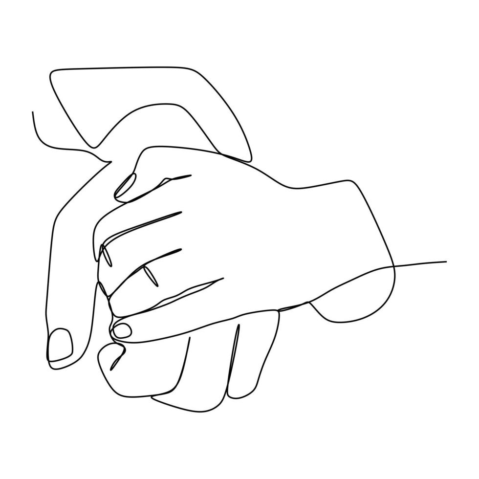 Hands holding each other gesture continuous line drawing design. Sign or symbol of hand gestures. One line draw of hand drawn style art doodle isolated on white background for family concept vector