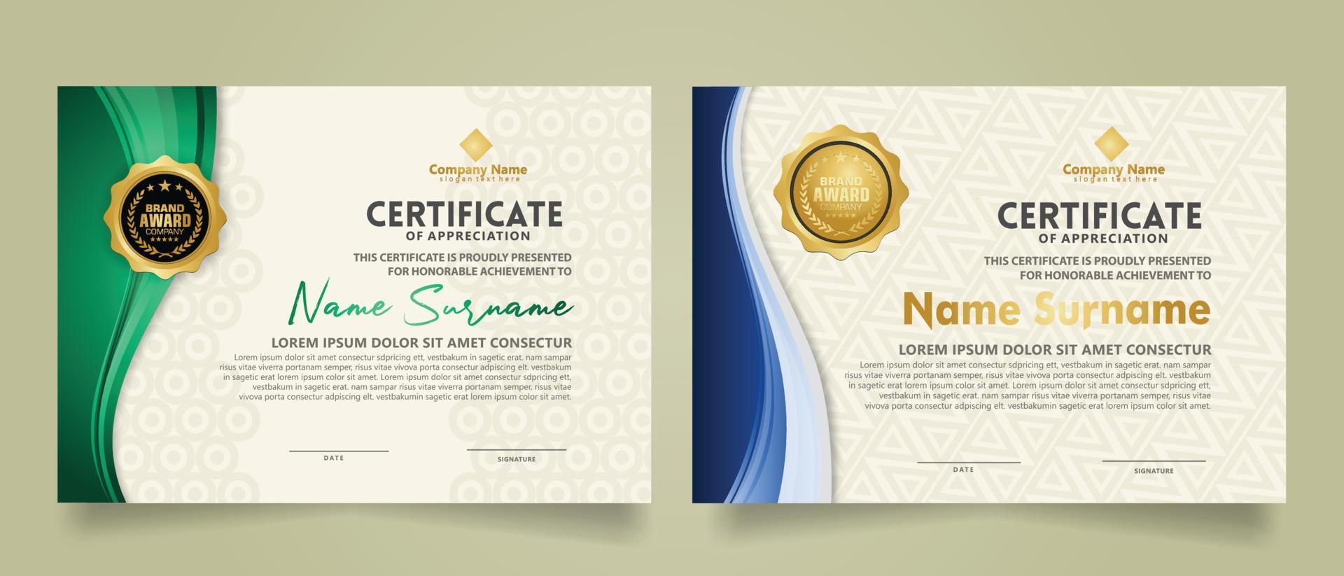 establezca una plantilla de certificado moderna con adornos de líneas de flujo y un fondo de patrón moderno. vector