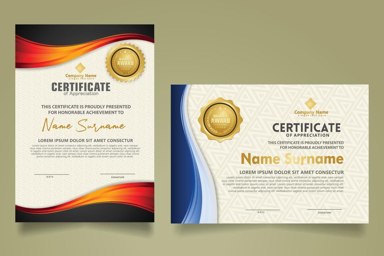 set modern certificate template with flow lines ornament and modern pattern background. vector