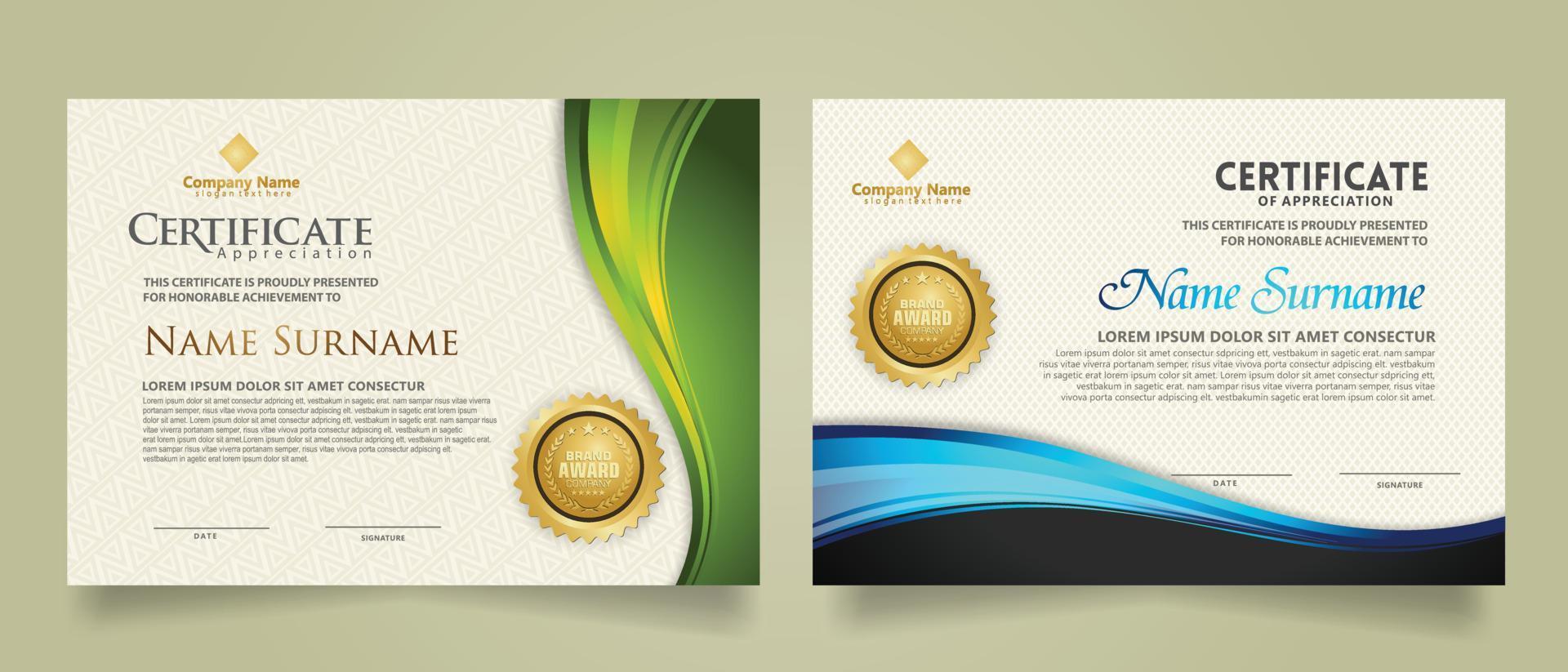 set modern certificate template with flow lines ornament and modern pattern background. vector