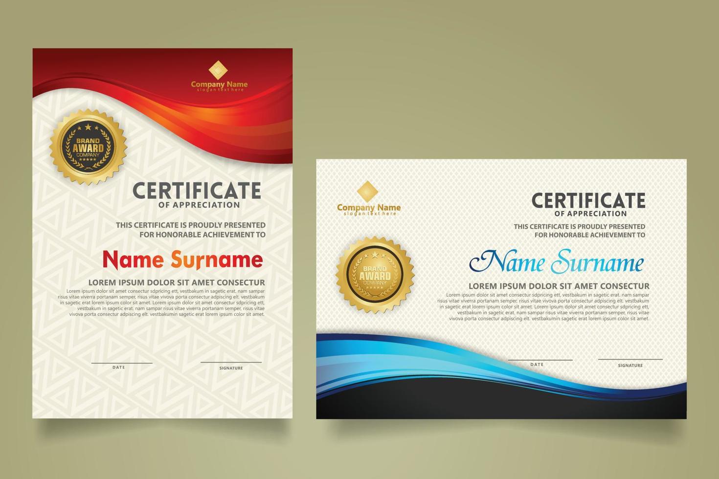 set modern certificate template with flow lines ornament and modern pattern background. vector