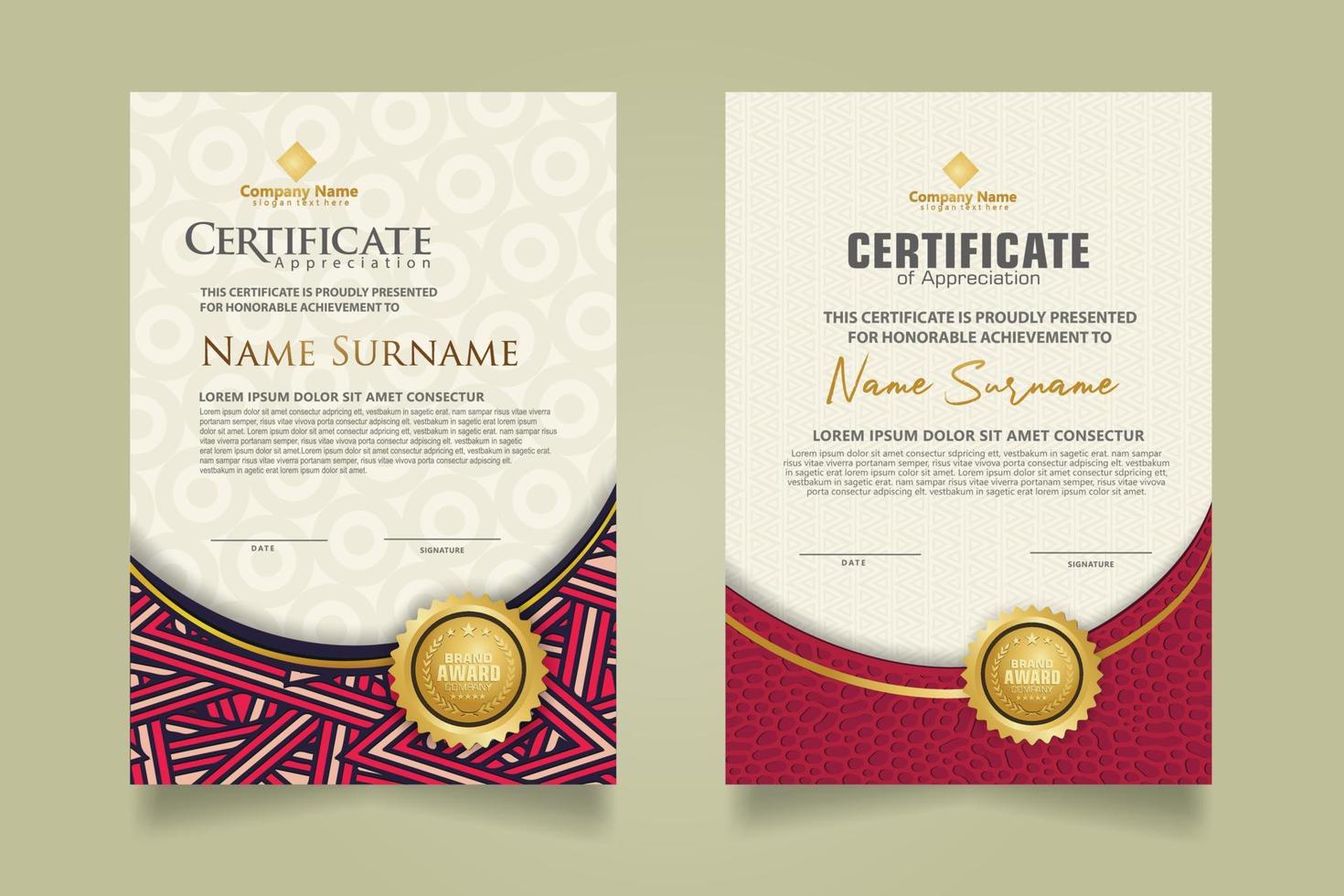 Set modern certificate template with dynamic and futuristic texture on curve ornament and modern pattern background vector