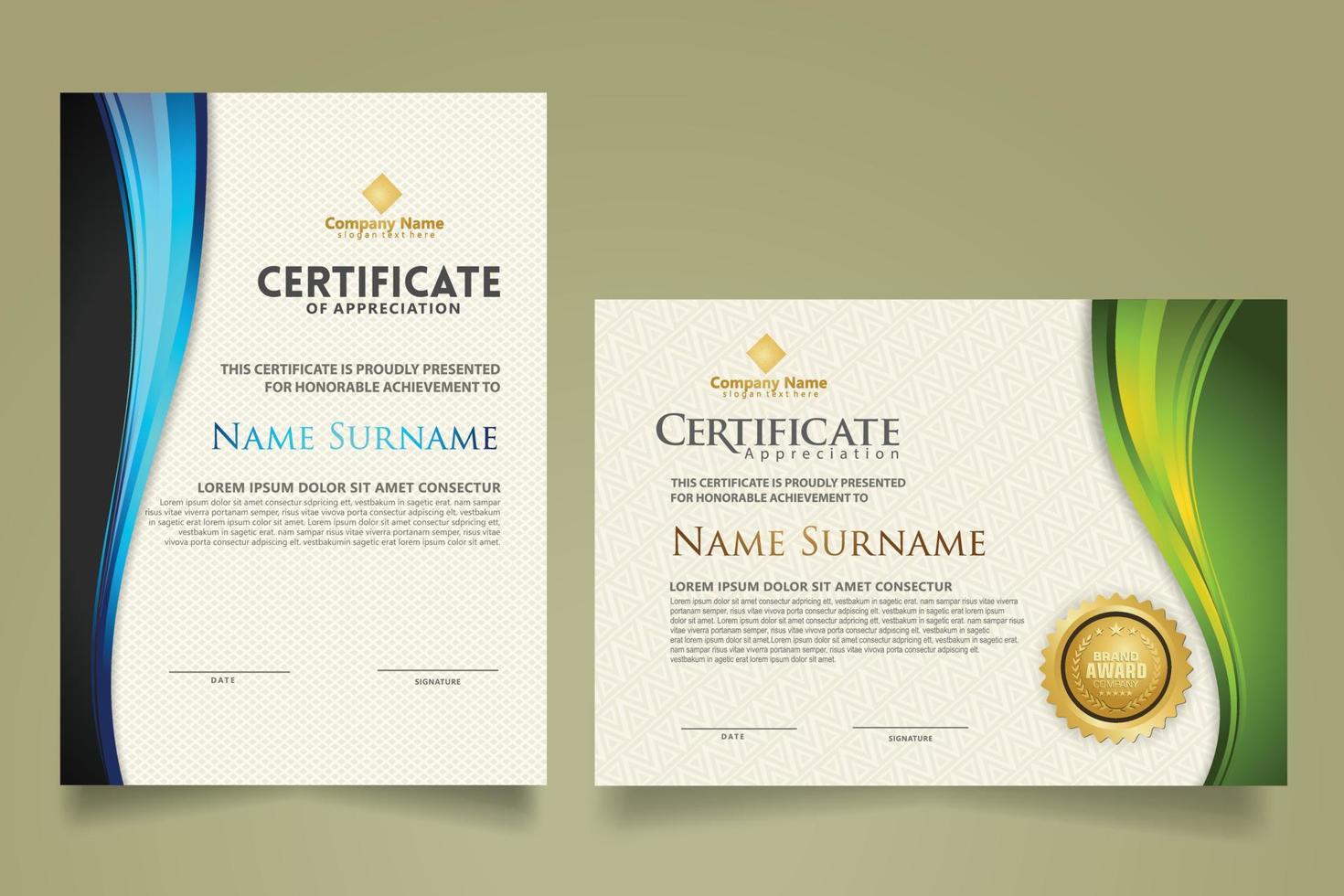 set modern certificate template with flow lines ornament and modern pattern background. vector