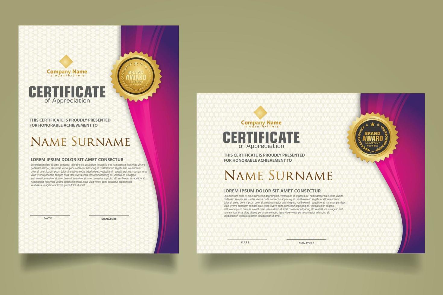 set modern certificate template with flow lines ornament and modern pattern background. vector