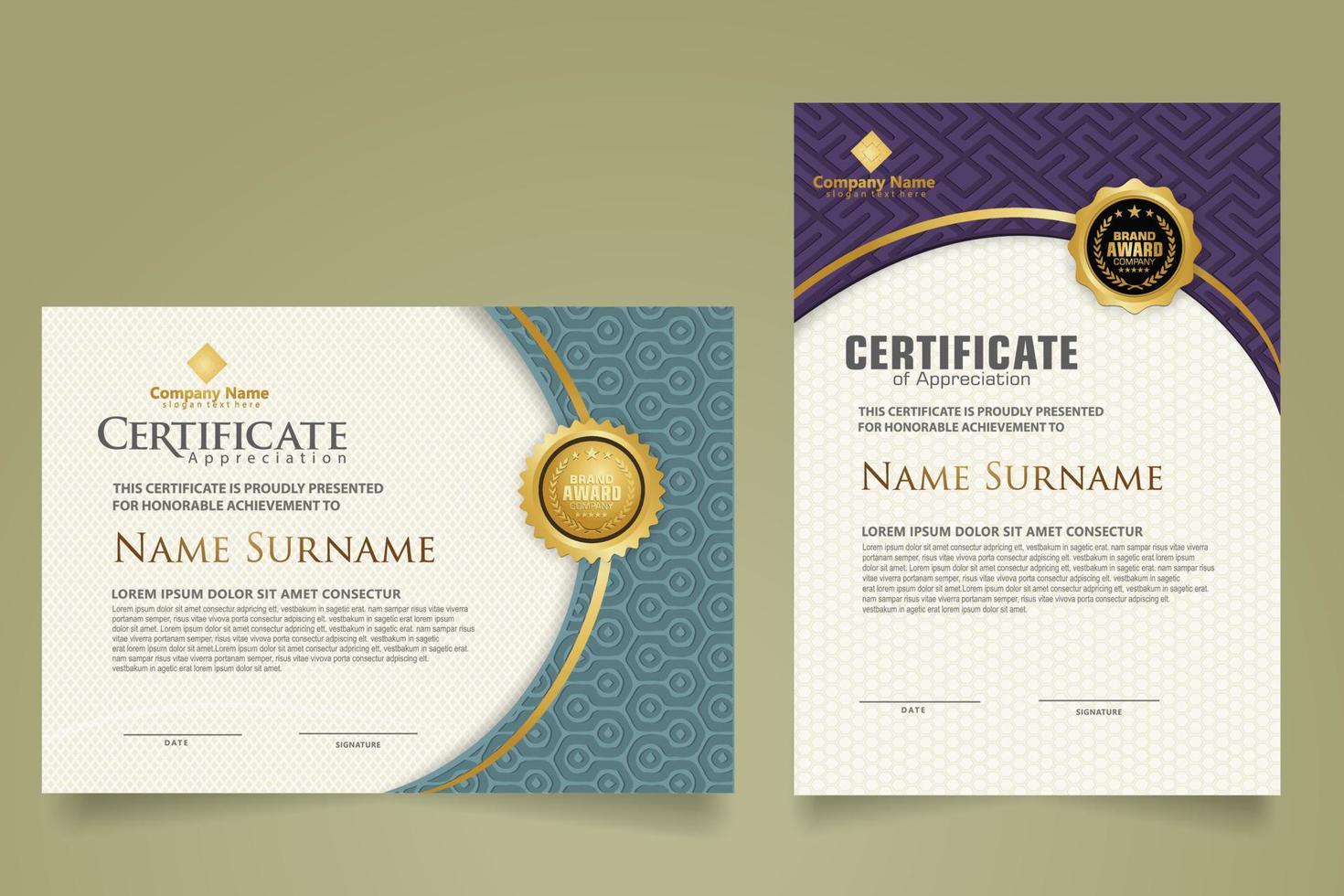 Set modern certificate template with dynamic and futuristic texture on curve ornament and modern pattern background vector