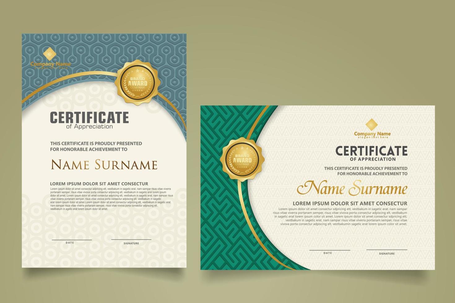 Set modern certificate template with dynamic and futuristic texture on curve ornament and modern pattern background vector