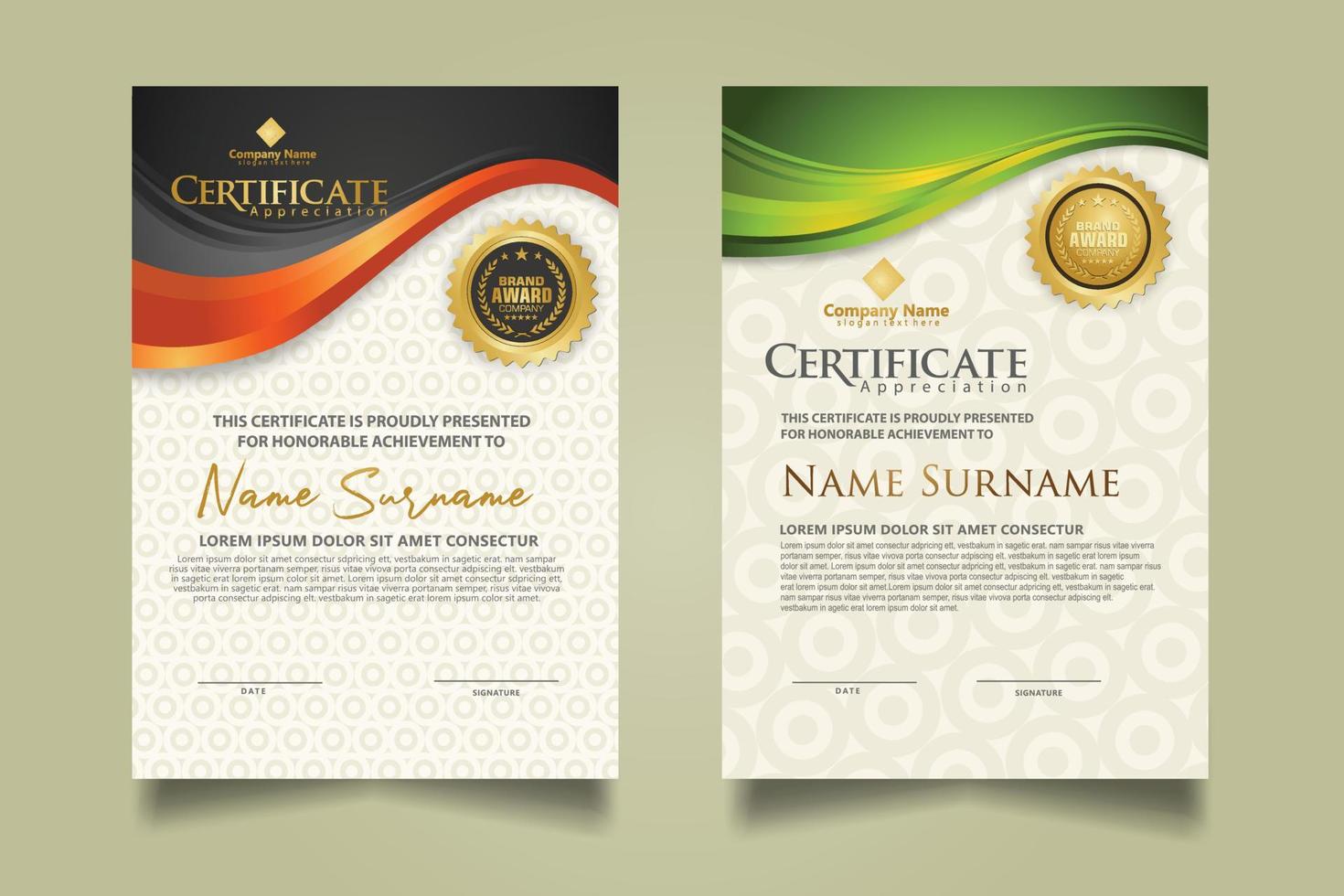 set modern certificate template with flow lines ornament and modern pattern background. vector