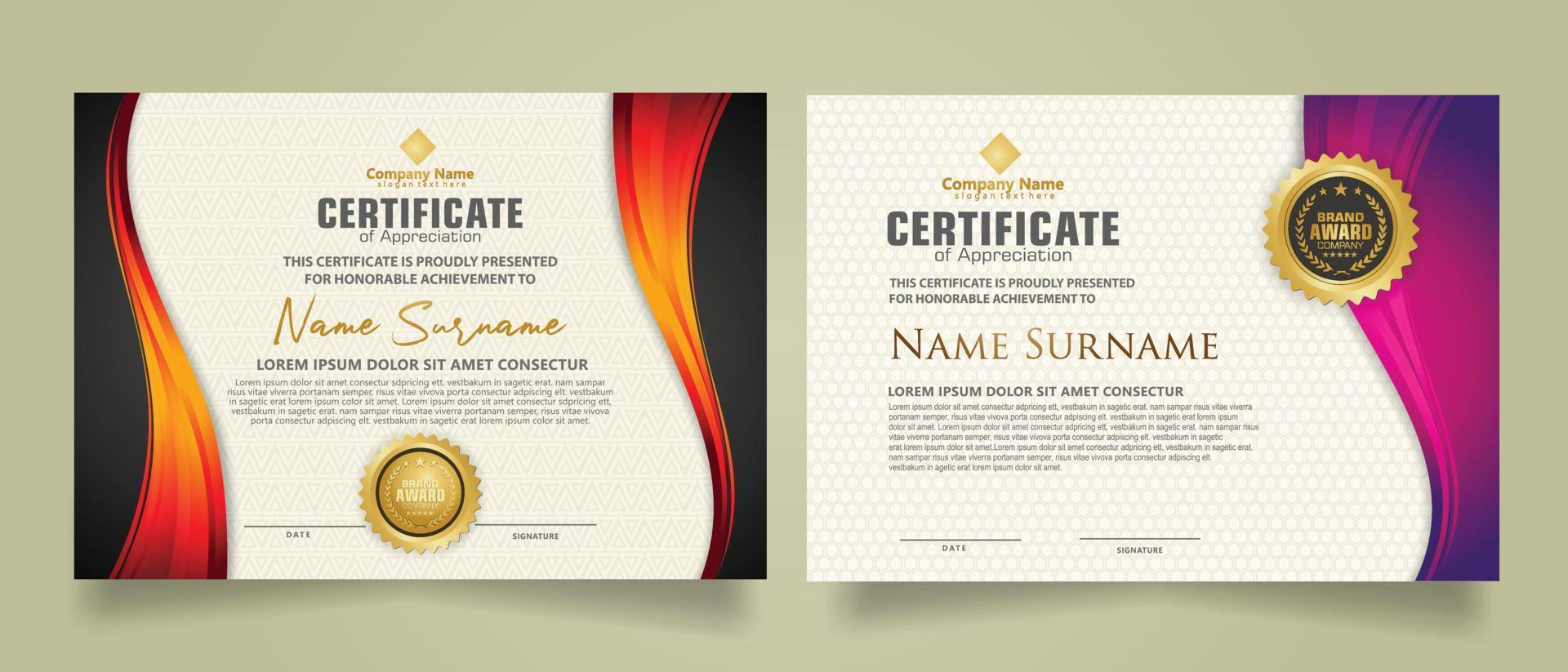 set modern certificate template with flow lines ornament and modern pattern background. vector