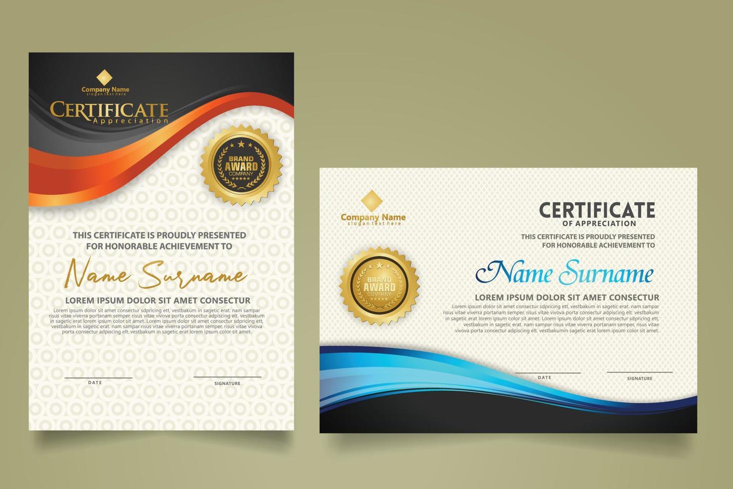set modern certificate template with flow lines ornament and modern pattern background. vector