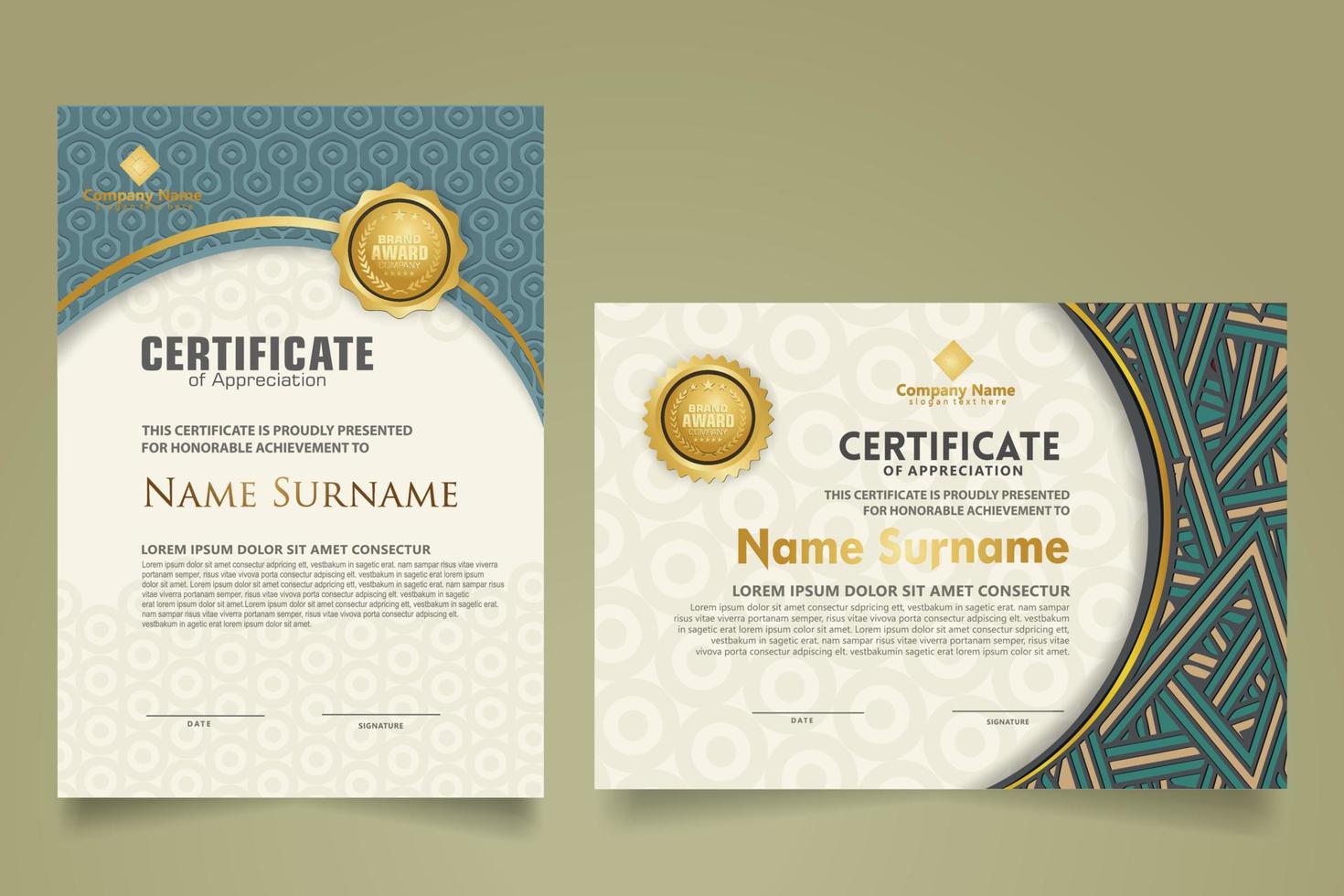 Set modern certificate template with dynamic and futuristic texture on curve ornament and modern pattern background vector