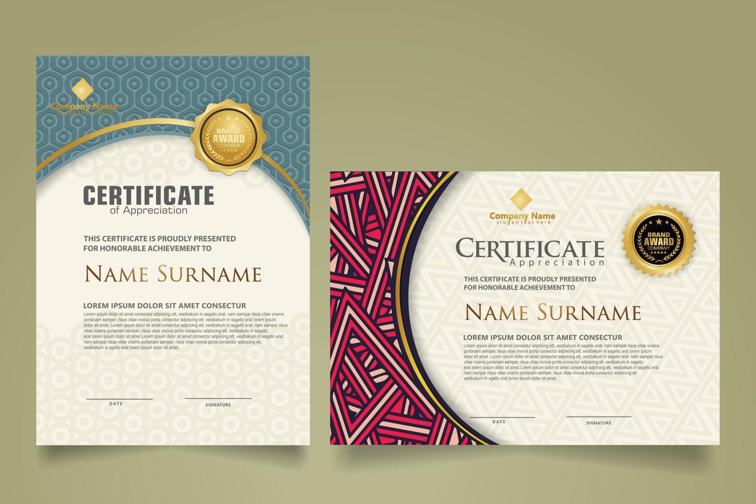 set vertical and horizontal certificate template with organic rounded texture on curve ornament and modern pattern background vector