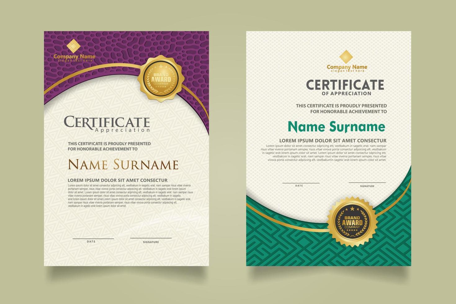 Set modern certificate template with dynamic and futuristic texture on curve ornament and modern pattern background vector