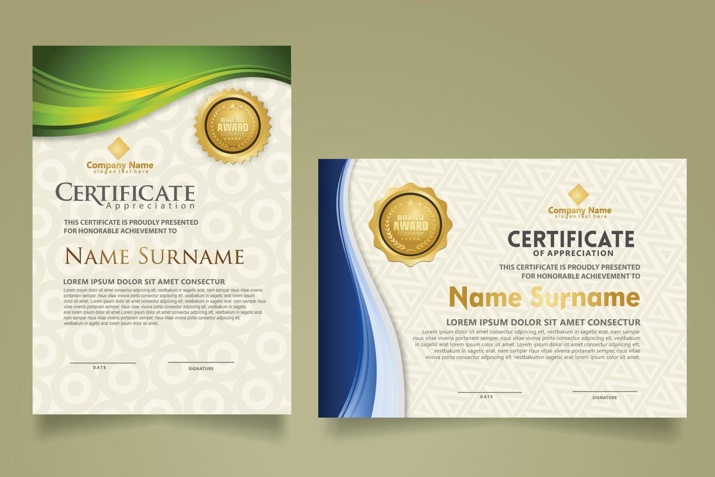 set modern certificate template with flow lines ornament and modern pattern background. vector