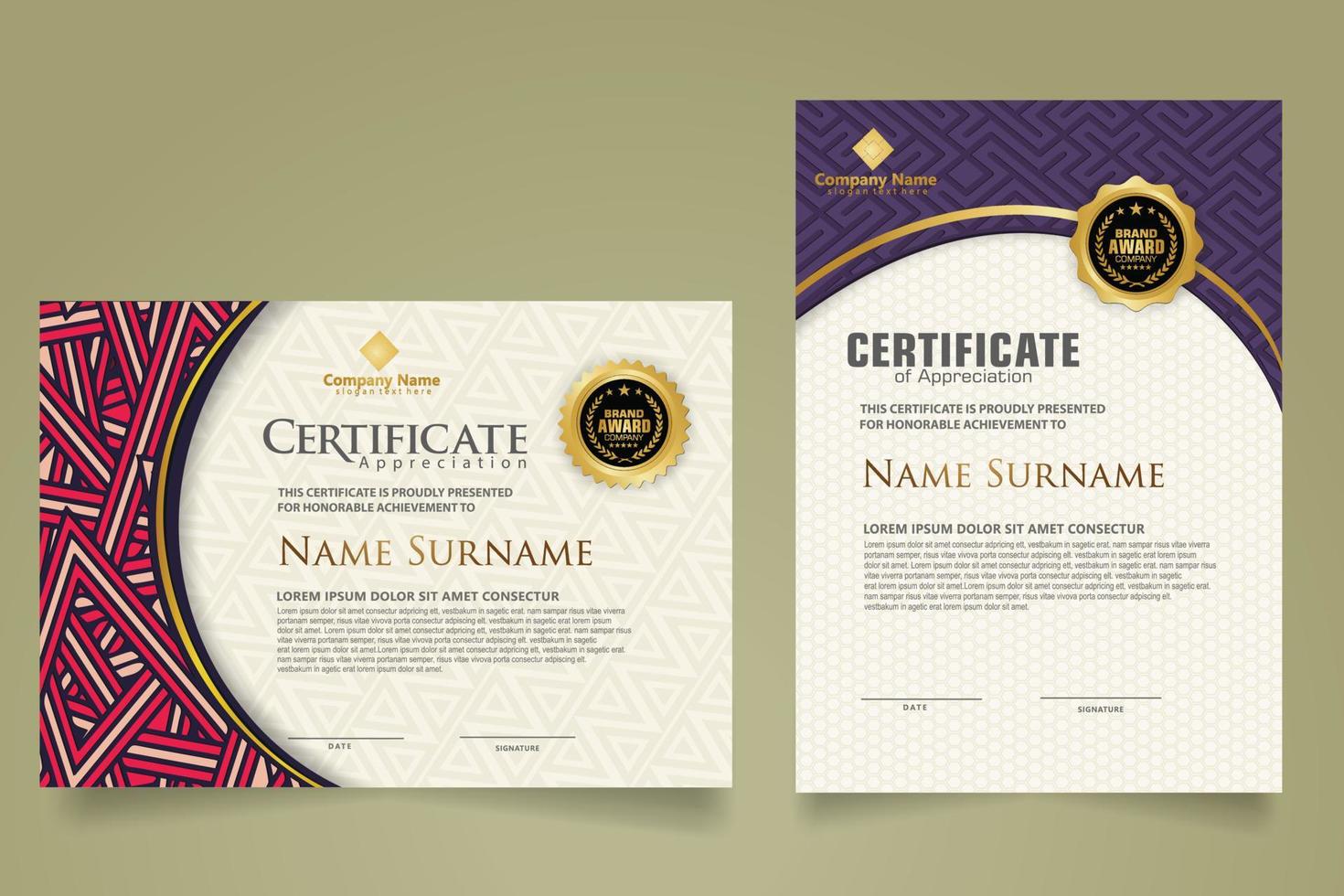 Set modern certificate template with dynamic and futuristic texture on curve ornament and modern pattern background vector