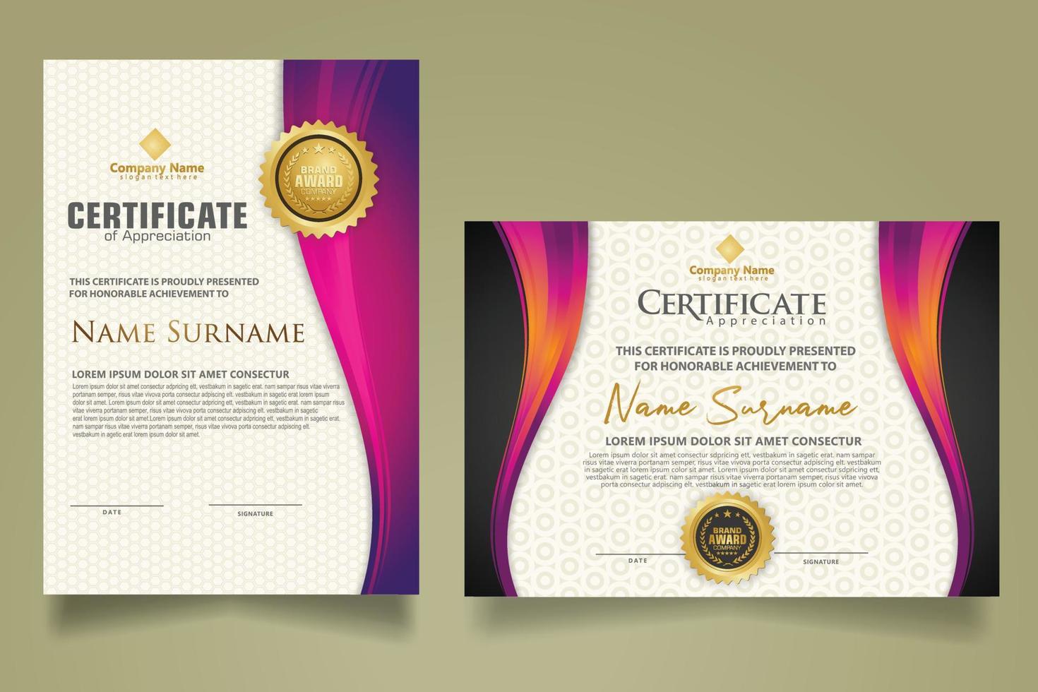 set modern certificate template with flow lines ornament and modern pattern background. vector