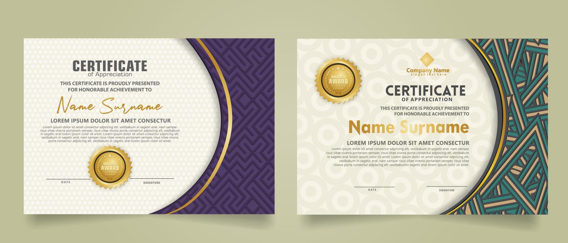 Set modern certificate template with dynamic and futuristic texture on curve ornament and modern pattern background vector