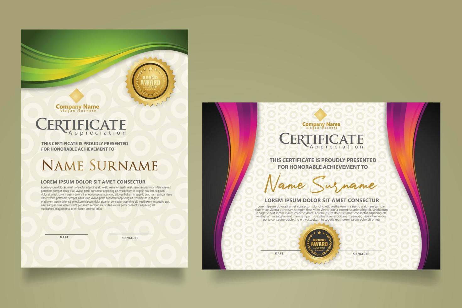 set modern certificate template with flow lines ornament and modern pattern background. vector