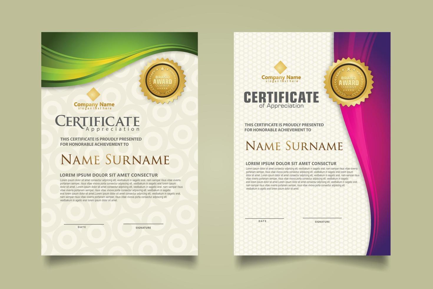 set modern certificate template with flow lines ornament and modern pattern background. vector